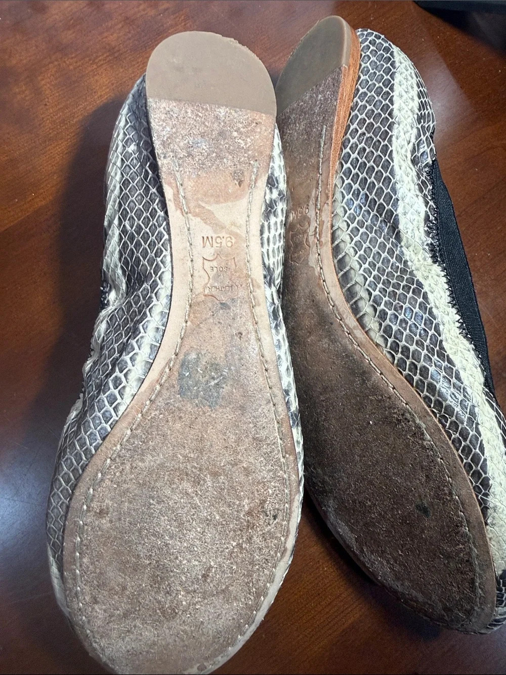 Tory Burch Snake-Print Ballet Flats in Beige and Black with Gold Logo